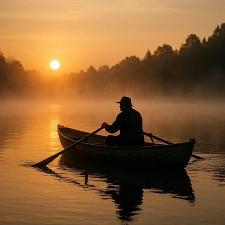 Fisherman in a boat on the lake at sunrise. Beautiful landscape.