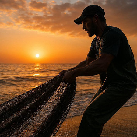 Silhouette of fisherman with fishing net on the beach at sunsetの写真素材