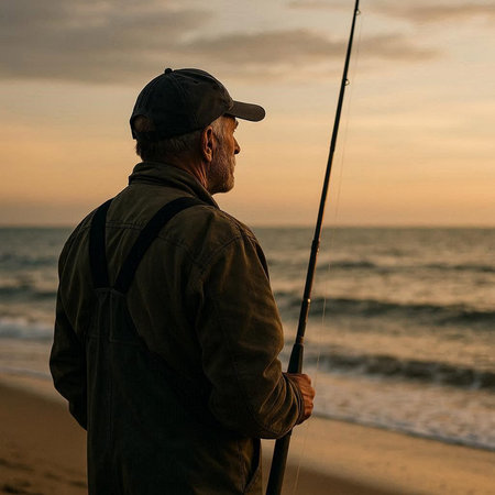 Senior man fishing on the beach at sunset, looking at the seaの写真素材