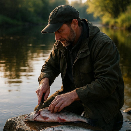 Fisherman with a catch on the river bank