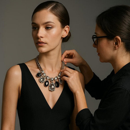 Young beautiful woman in a black dress with jewelry on a gray backgroundの写真素材