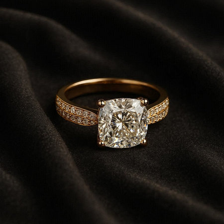 Gold ring with diamonds on a black satin background. Close-up.