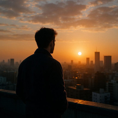 Silhouette of a man looking at the sunset over the city