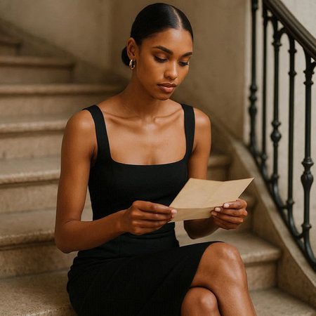 Portrait of a young african american woman sitting on the stairs and reading a bookの写真素材