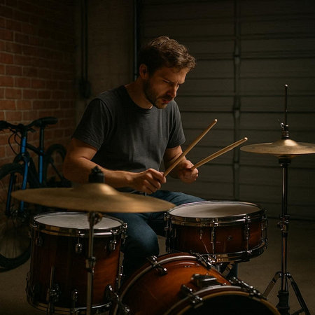 Musician playing drums and cymbals in a dark room.