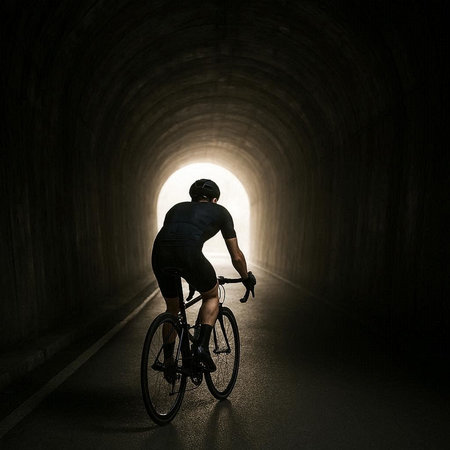 Cyclist in tunnel with light coming from the end of tunnelの写真素材