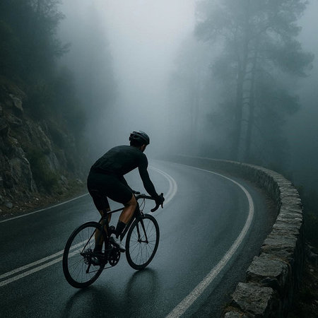 Cyclist riding bicycle on mountain road in misty morning.