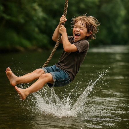 Happy boy swinging on a rope in the river. Child having fun outdoors.の写真素材