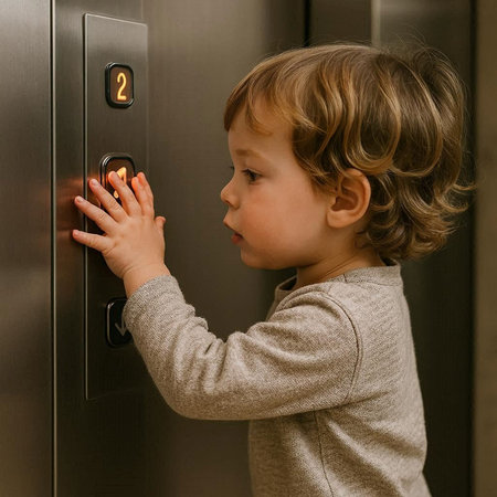 Cute little boy in a gray sweater presses the elevator button.
