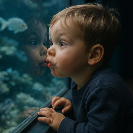 Cute little boy looking out the window at the aquarium with fishesの写真素材