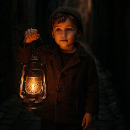 Cute little boy with a lantern in his hands in the darkの写真素材