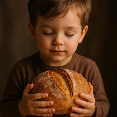 Little boy holding a loaf of bread in his hands on a dark background