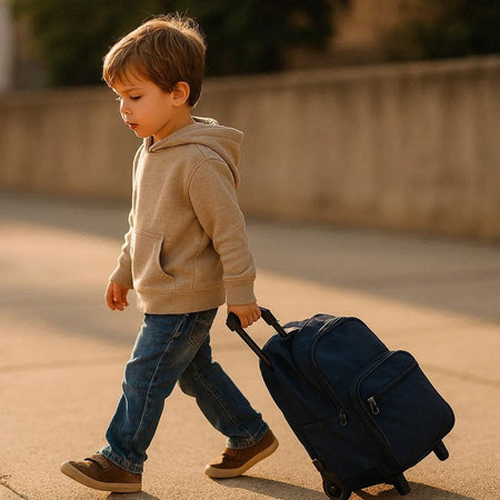 Toddler boy with suitcase on the street. Traveling with children concept.の写真素材