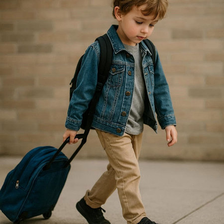 Cute little boy with backpack going to school. Back to school concept.の写真素材