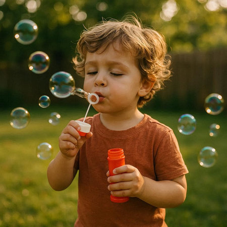 Cute boy blowing soap bubbles in the park. Happy child having fun outdoors.
