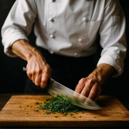 Chef cutting parsley on a wooden board in a restaurant kitchen