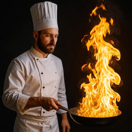 Portrait of young male chef in white uniform and hat holding frying pan with fire on black...