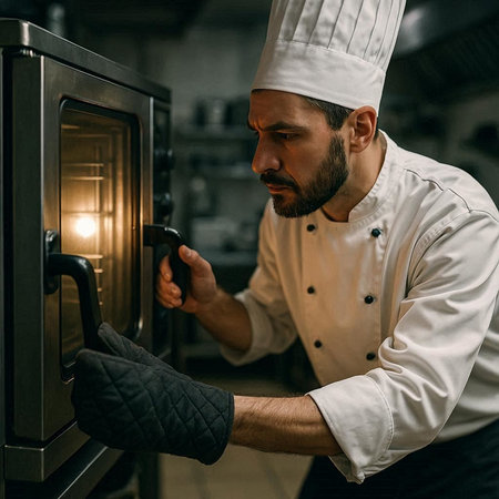 Handsome young male chef cooking in the kitchen of the restaurantの写真素材