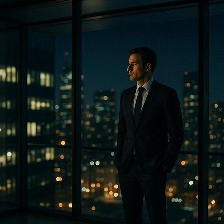 Businessman standing in front of a window with cityscape at night