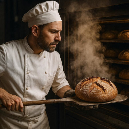 Baker holding a freshly baked loaf of bread in his bakery.
