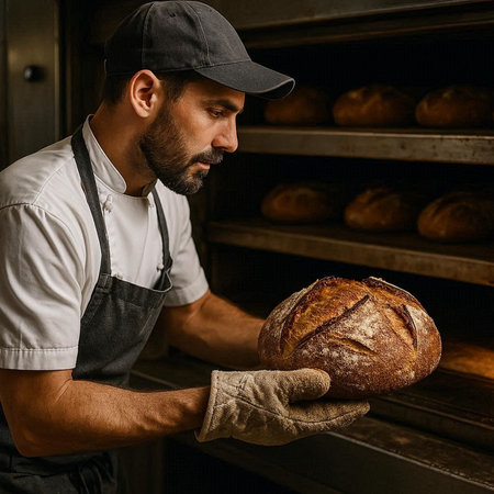 Baker holding a freshly baked loaf of bread in his bakery.