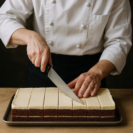 Chef slicing a piece of chocolate cake with a knife on a baking trayの写真素材