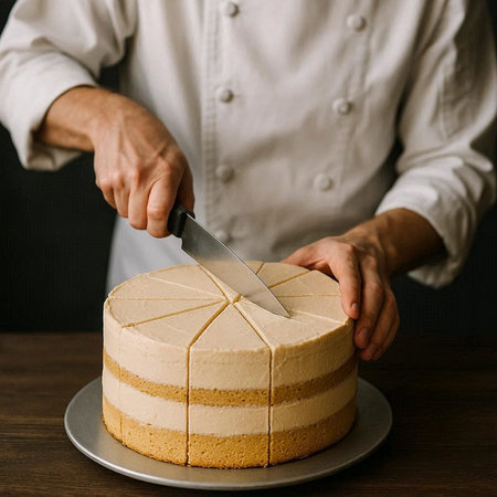 Chef cutting a cake with a knife, close-up.