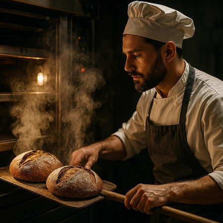 Handsome male baker in apron and hat preparing fresh bread in bakery