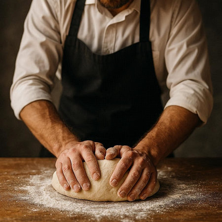 Man kneading dough on wooden table over dark background, closeup