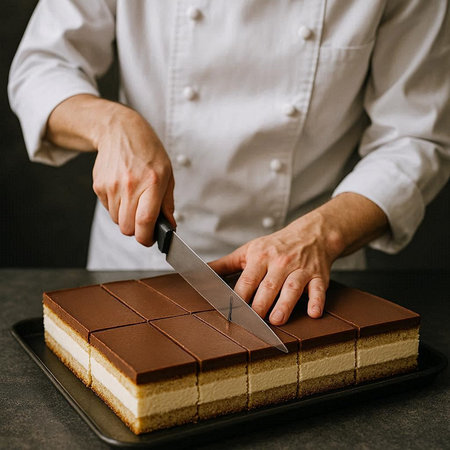 Chef cutting cake with a knife on a black plate.