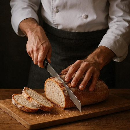 Close-up of a man's hands cutting bread with a knife