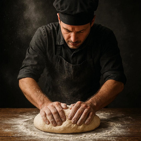 Chef kneading dough on wooden table over dark background.