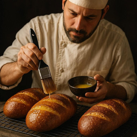 Baker preparing bread in a bakery. Man's hands with a knife and fresh bread.