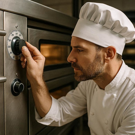 Portrait of a handsome male chef in uniform and hat at the kitchen.