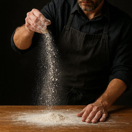 Chef sprinkling flour on a wooden table against dark background.