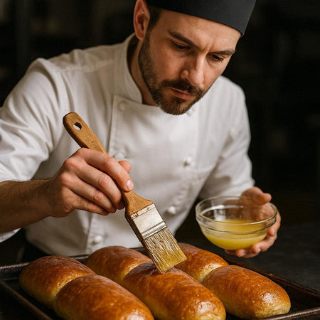 Professional male chef in a white uniform is preparing buns in the kitchen.
