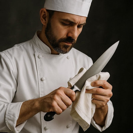 Portrait of a bearded chef with a knife on a dark background