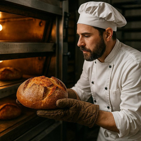 Male baker holding a fresh loaf of bread in a bakery. Bakery.