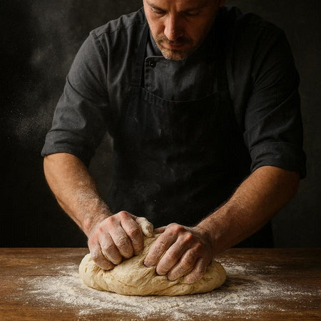 Male baker kneading dough on wooden table over dark background.