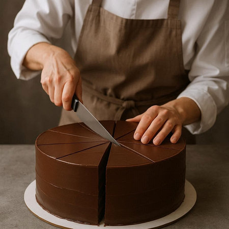 Close-up of female hands cutting chocolate cake with a knife.
