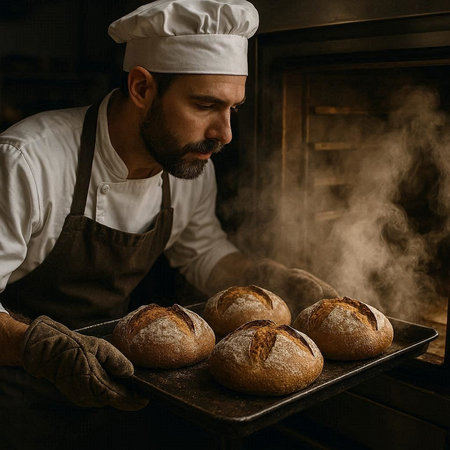 Baker holding a tray of fresh baked bread in his bakery.
