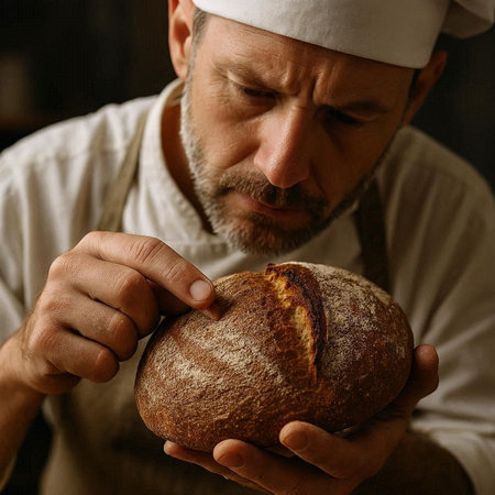Close-up of a man in a chef's hat holding a loaf of bread.
