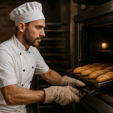 Young male baker holding tray with freshly baked buns in oven.
