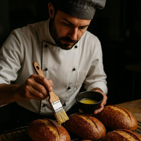 Baker holding a brush and a bowl in a bakery