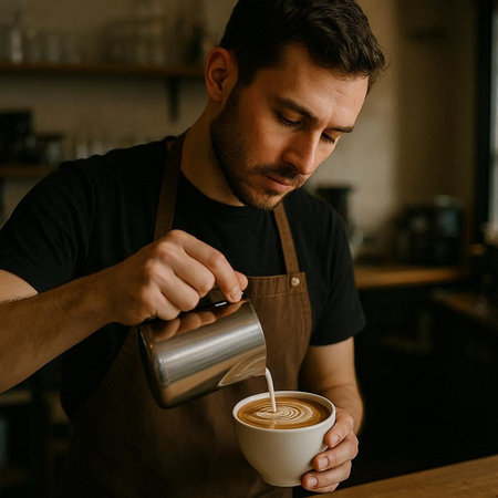 Barista pouring milk into a cup of coffee in a coffee shop