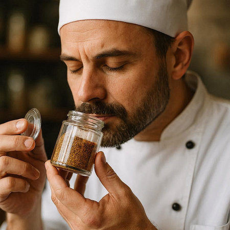 Close up of a male chef holding a glass jar of coffee.の写真素材