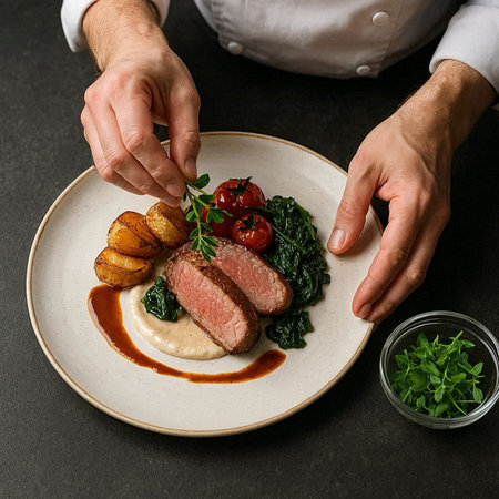 Chef in a white shirt decorates a plate with a piece of roast, top viewの写真素材