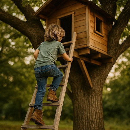 Cute little boy climbing on a wooden ladder in the park.