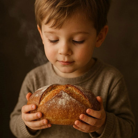 Cute little boy holding a freshly baked loaf of bread on dark background