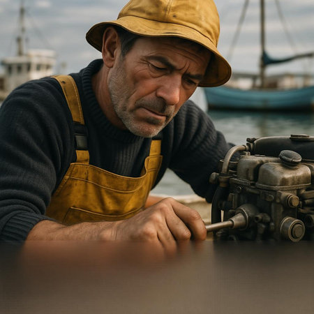 Portrait of mature craftsman repairing a motorbike in the harbor